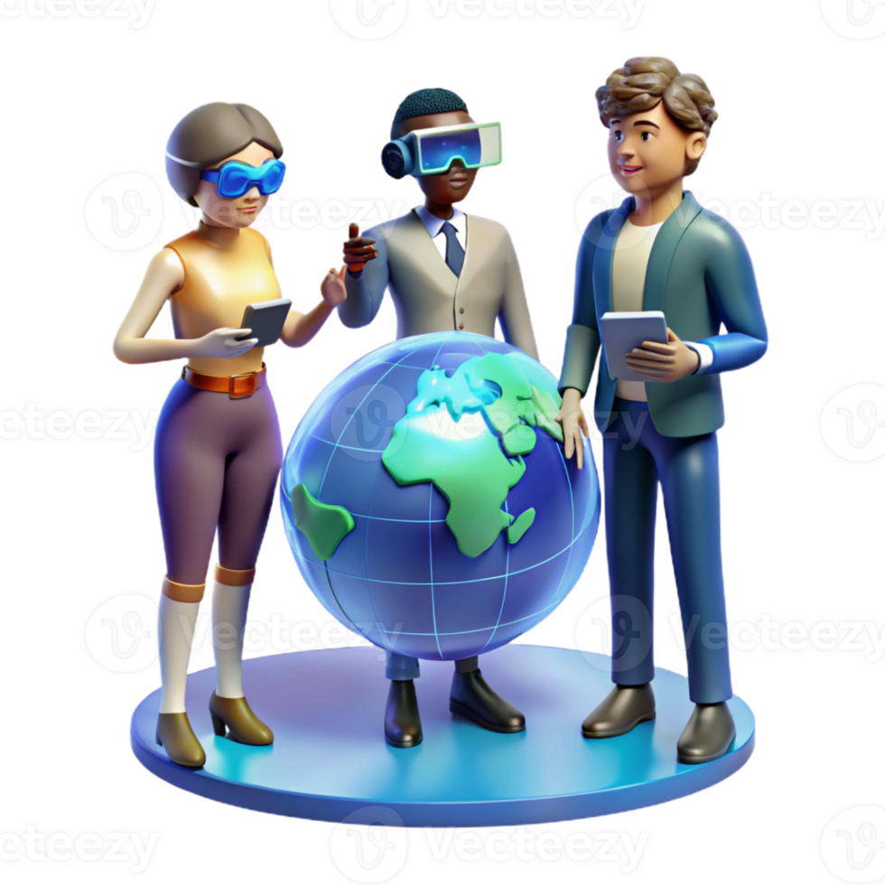 extraordinary classic A group of diverse people interacting with a holographic world map, futuristic attire, warm, inviting lighting, utopian style original png
