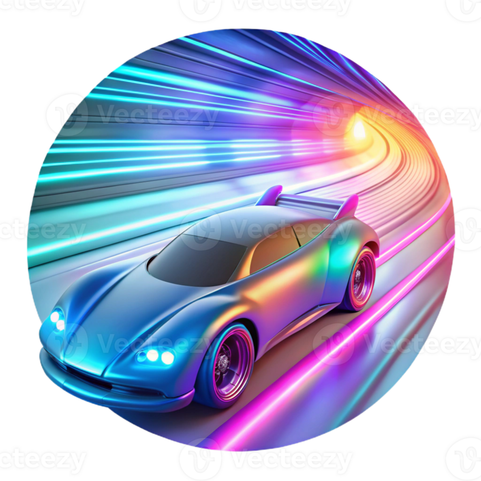 elegant modern A futuristic vehicle speeding through a data stream tunnel, vibrant neon colors, motion blur, cyberpunk style high resolution png