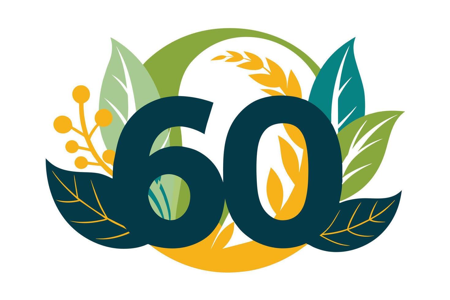 Anniversary logo design featuring the number 60 surrounded by leaves and wheat. vector