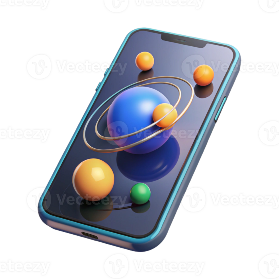 serene contemporary A transparent smartphone displaying a 3D model of the solar system, dynamic lighting, minimalist style professional png