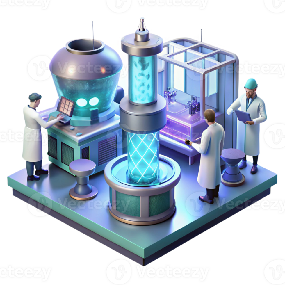 extraordinary contemporary A futuristic laboratory filled with glowing equipment, scientists working in the background, cool, sterile lighting, sci-fi style authentic png