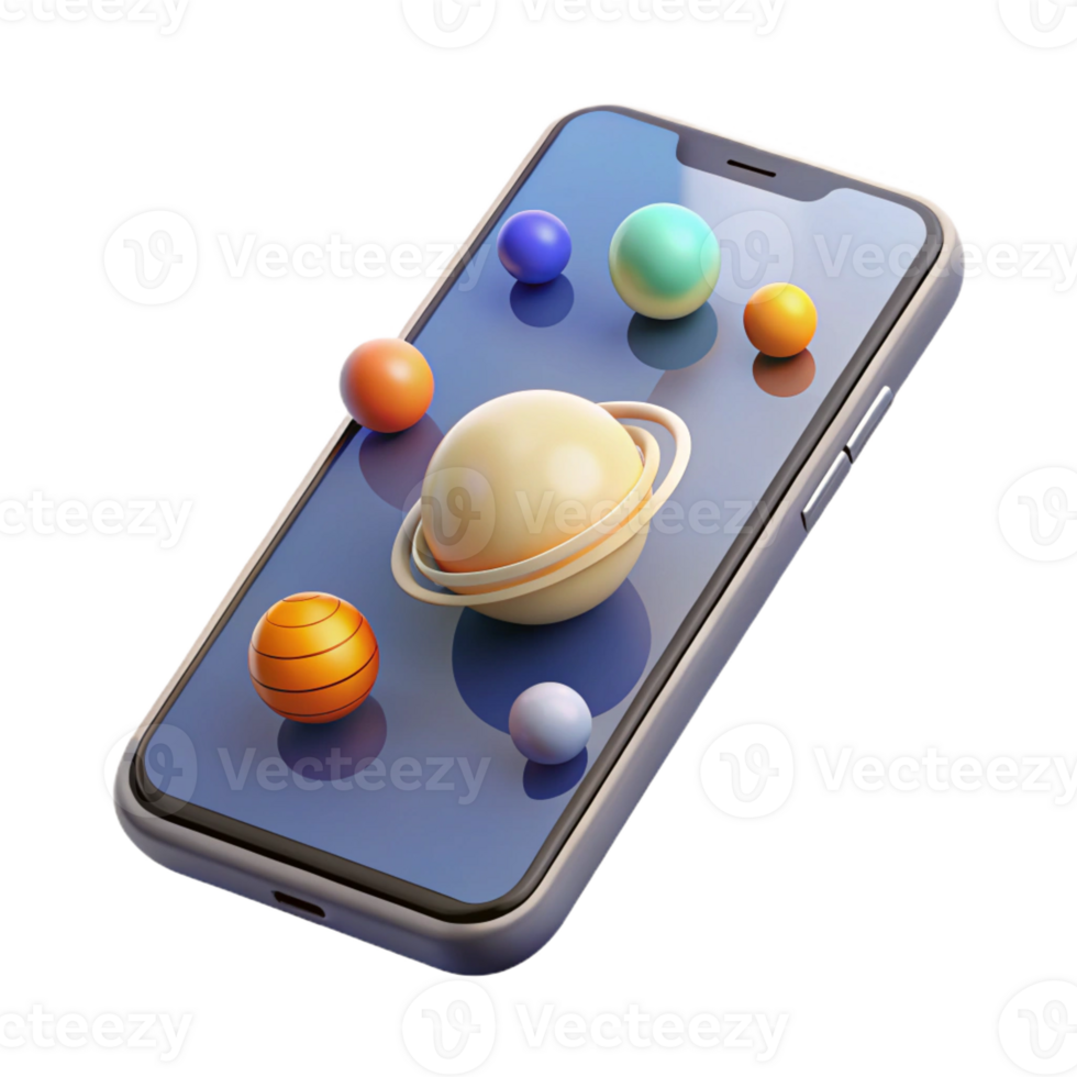 elegant classic A transparent smartphone displaying a 3D model of the solar system, dynamic lighting, minimalist style 4K png