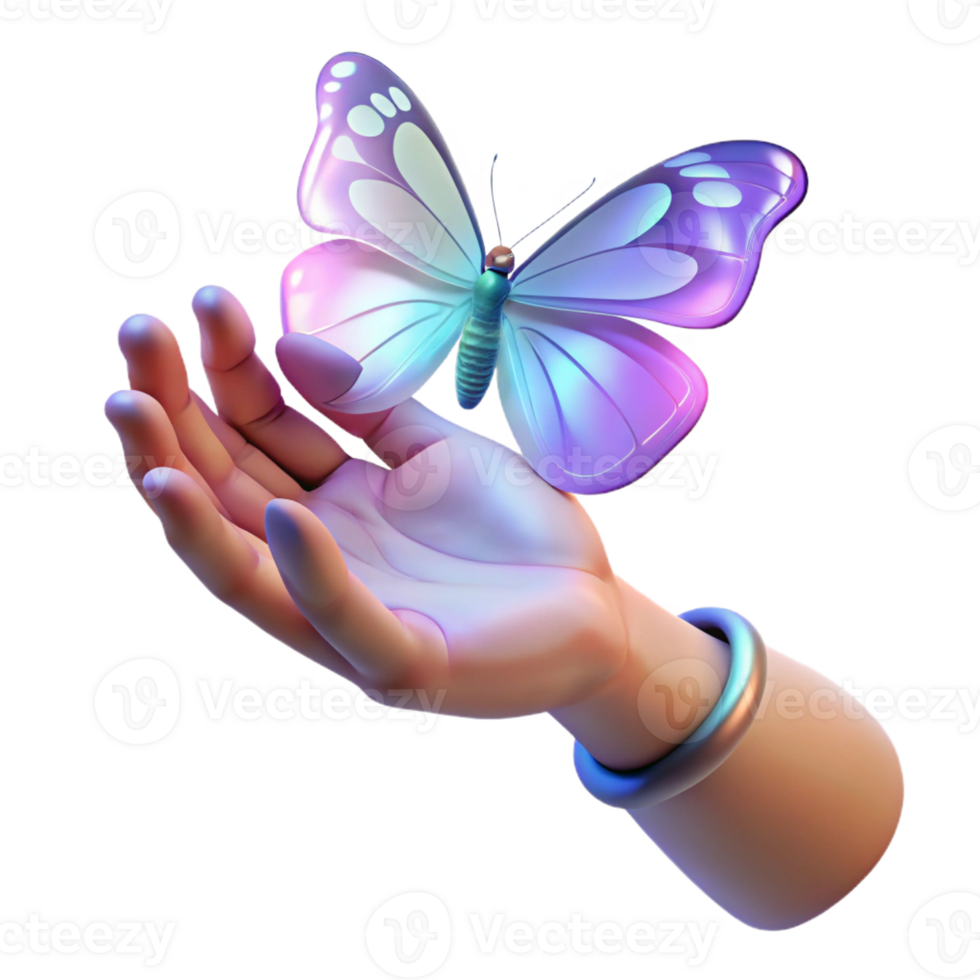 magnificent modern A human hand reaching out to touch a holographic projection of a butterfly, ethereal lighting, digital art style authentic png