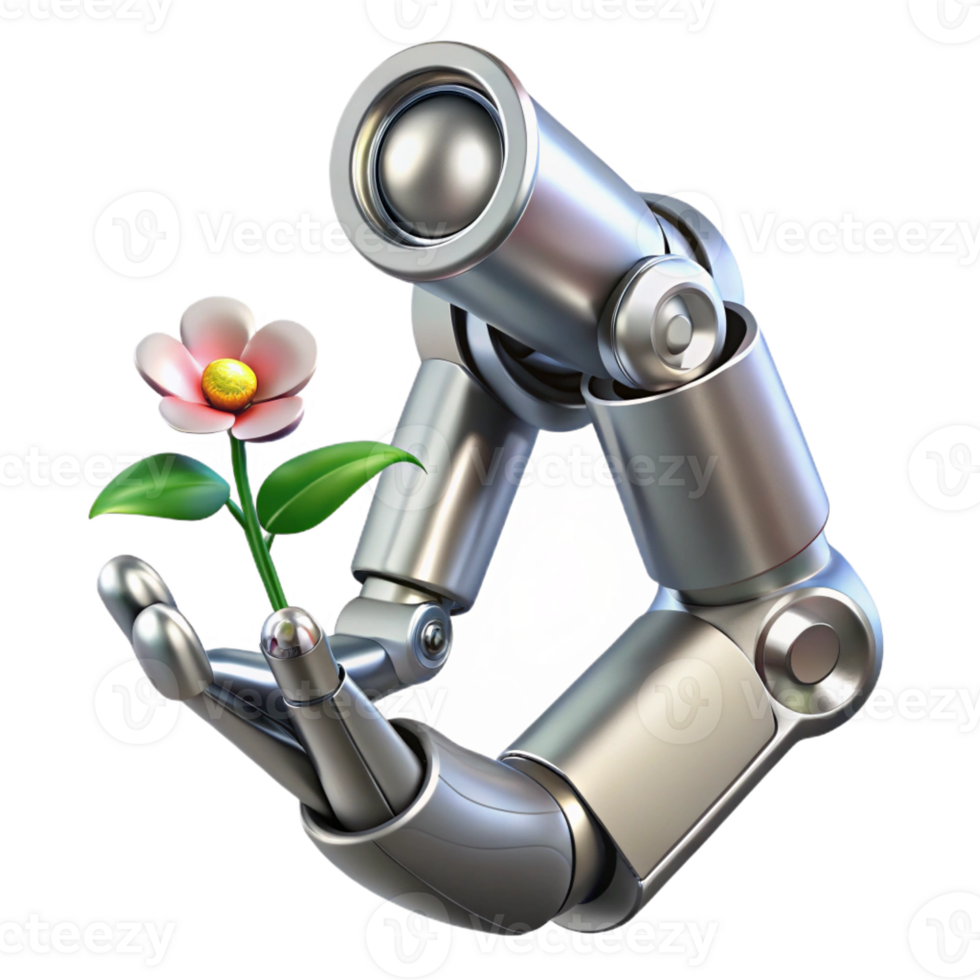 dramatic creative A sleek, silver robotic arm holding a delicate flower, high contrast lighting, photorealistic style authentic png