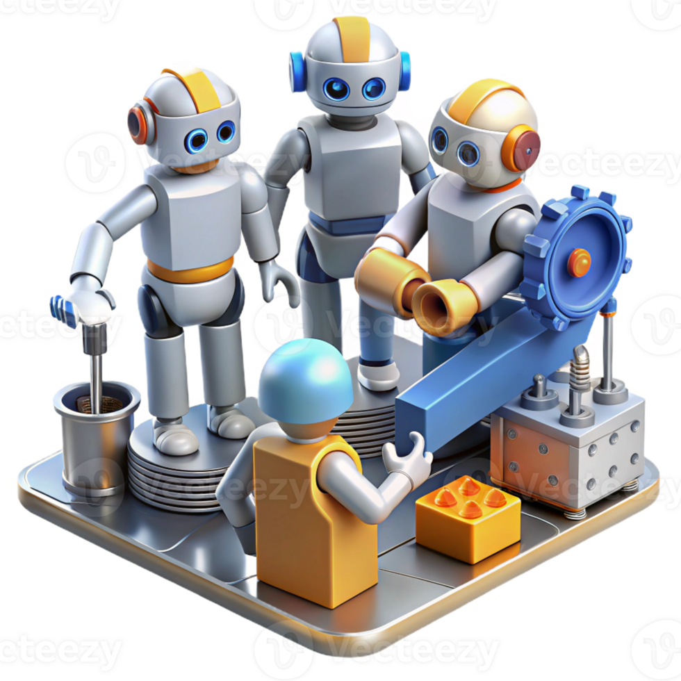 extraordinary vintage A group of robots collaborating on a complex engineering project, industrial setting, bright, even lighting, realistic style original png