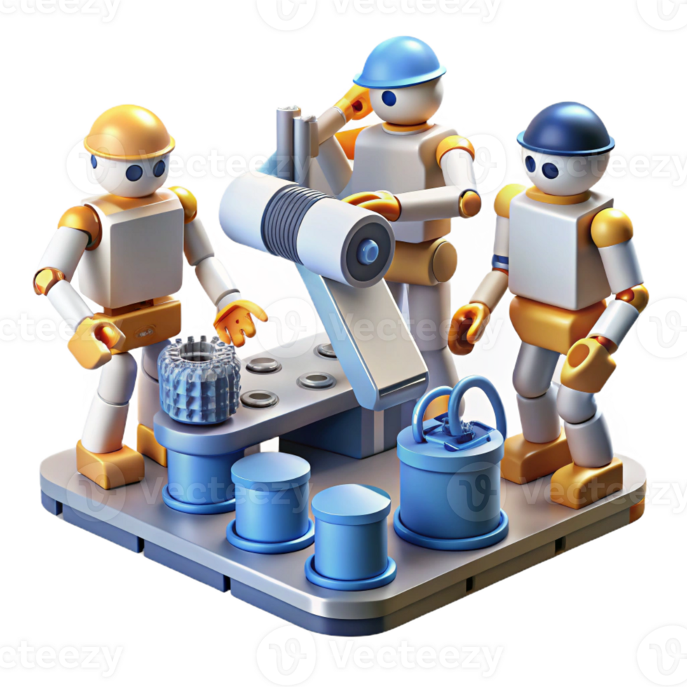 vibrant minimalist A group of robots collaborating on a complex engineering project, industrial setting, bright, even lighting, realistic style original png
