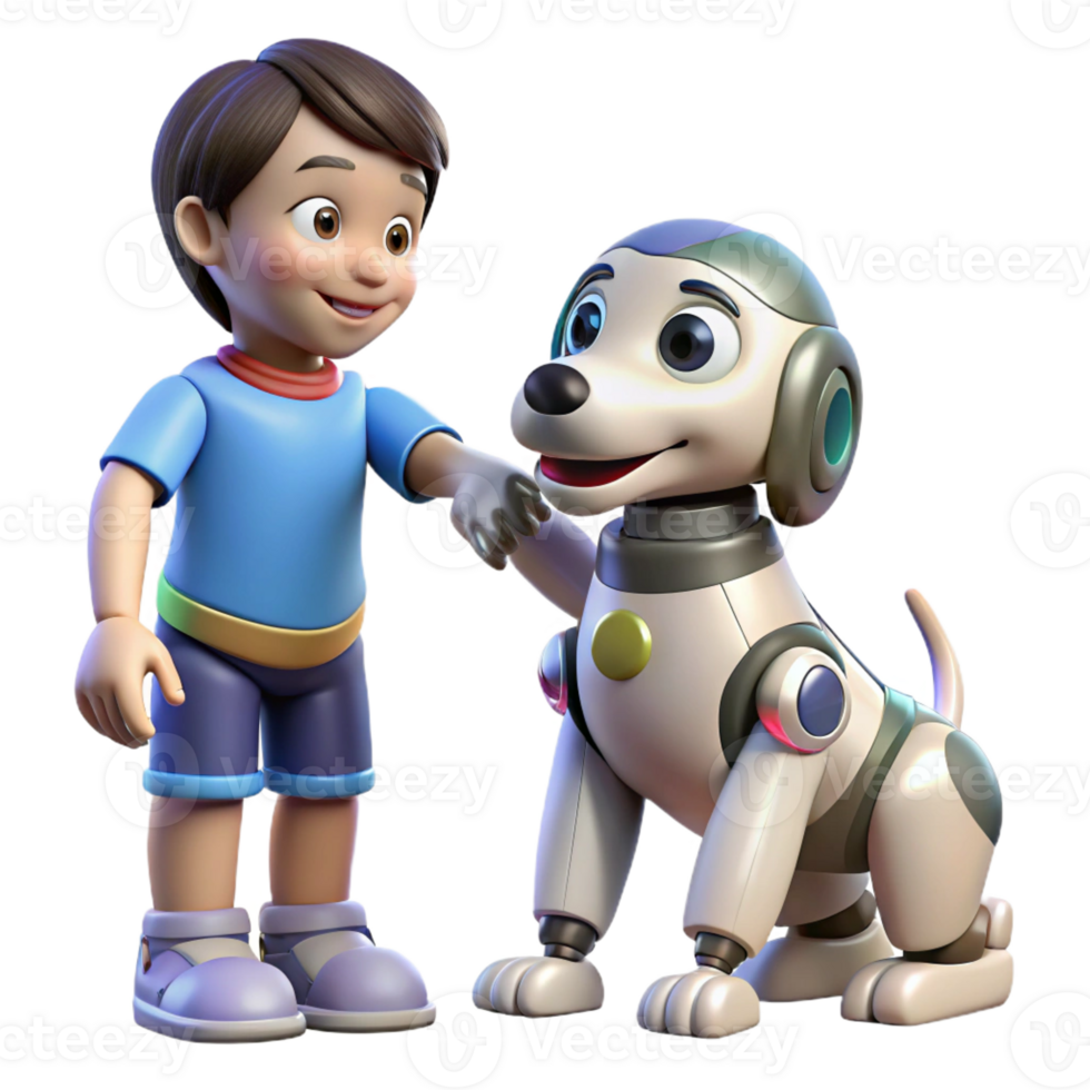 beautiful contemporary A robotic dog interacting with a child, playful setting, warm, inviting lighting, family-friendly style premium png