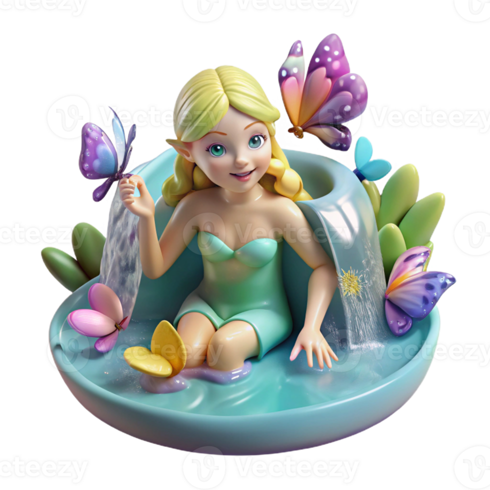 elegant rustic A playful nymph bathing in a crystal-clear waterfall, surrounded by colorful butterflies. Soft, diffused lighting. Impressionist style detailed png