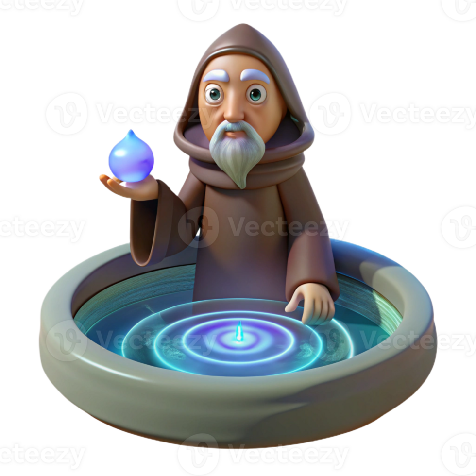 magnificent modern A wise old oracle, gazing into a swirling pool of water, visions of the future reflected in its depths. Mystical, ethereal lighting. Surrealist style exclusive png