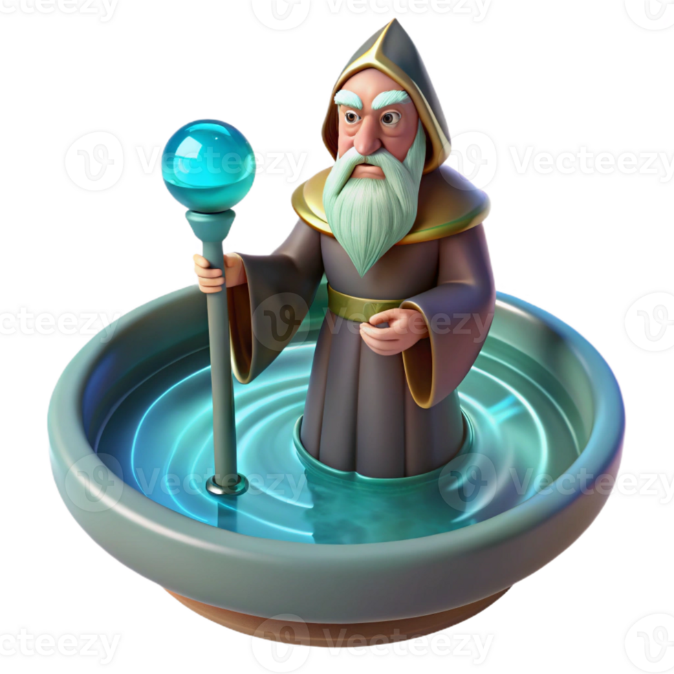 dramatic minimalist A wise old oracle, gazing into a swirling pool of water, visions of the future reflected in its depths. Mystical, ethereal lighting. Surrealist style original png
