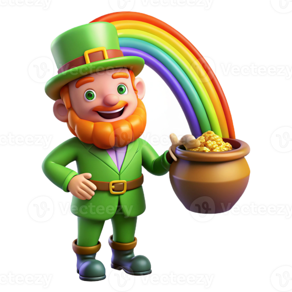 beautiful creative A mischievous leprechaun guarding his pot of gold at the end of a rainbow. Bright, vibrant lighting. Celtic folklore style authentic png
