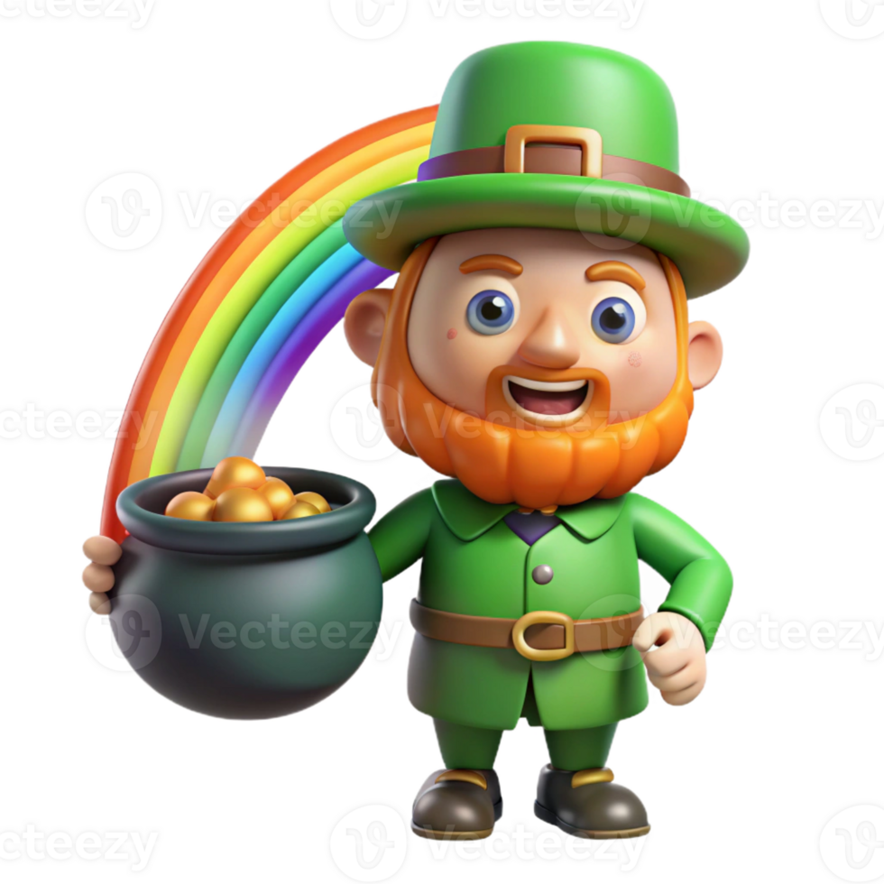 wonderful modern A mischievous leprechaun guarding his pot of gold at the end of a rainbow. Bright, vibrant lighting. Celtic folklore style 4K png