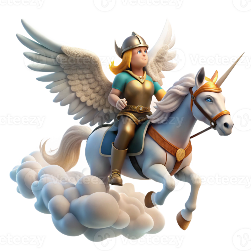 extraordinary contemporary A proud Valkyrie, riding a winged horse through the clouds, carrying a fallen warrior to Valhalla. Heroic, dynamic lighting. Norse mythology style high quality png