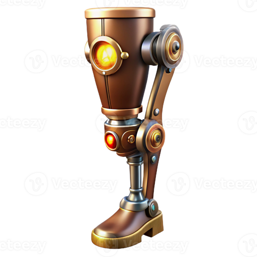serene traditional A detailed illustration of a steampunk prosthetic leg, made of polished wood, brass, and intricate clockwork. The lighting is bright and highlights the craftsmanship detailed png
