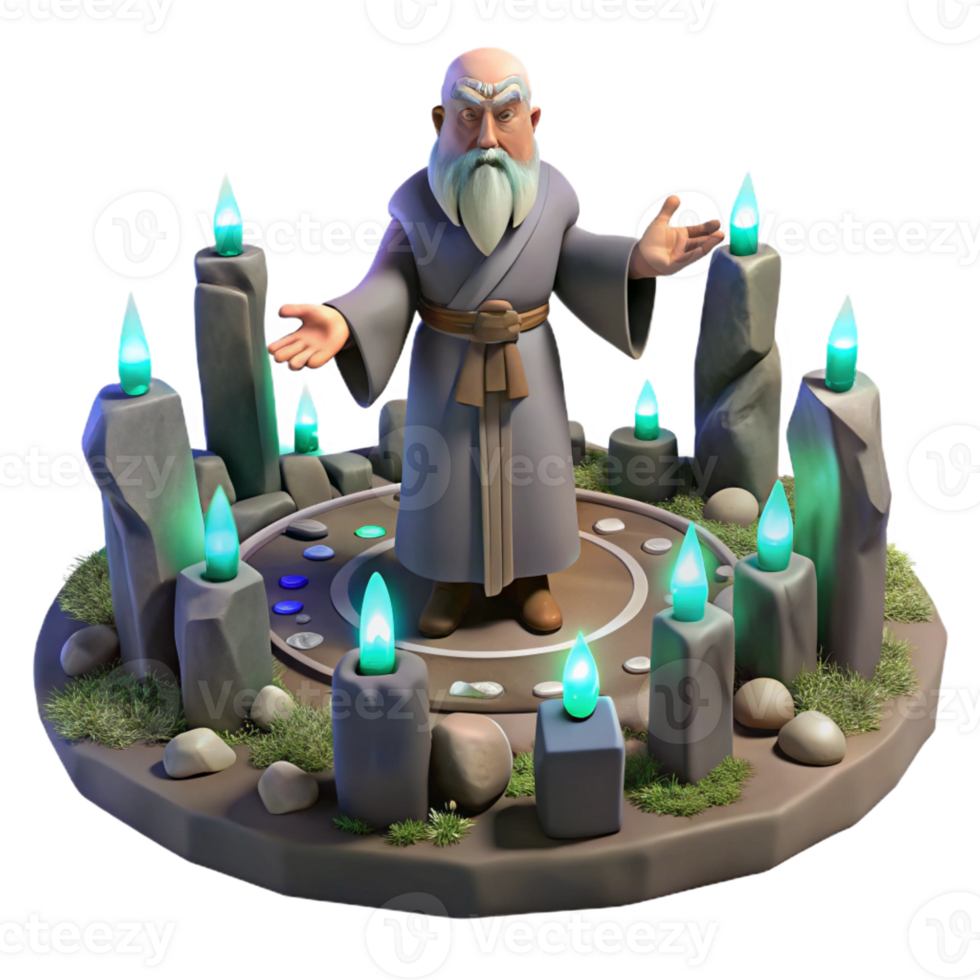 beautiful artistic A wise old druid performing a ritual in a stone circle, surrounded by ancient runes. Mystical, ethereal lighting. Celtic mythology style exclusive png