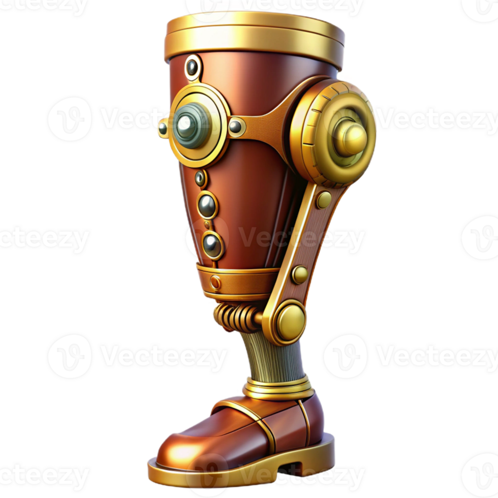 elegant rustic A detailed illustration of a steampunk prosthetic leg, made of polished wood, brass, and intricate clockwork. The lighting is bright and highlights the craftsmanship genuine png