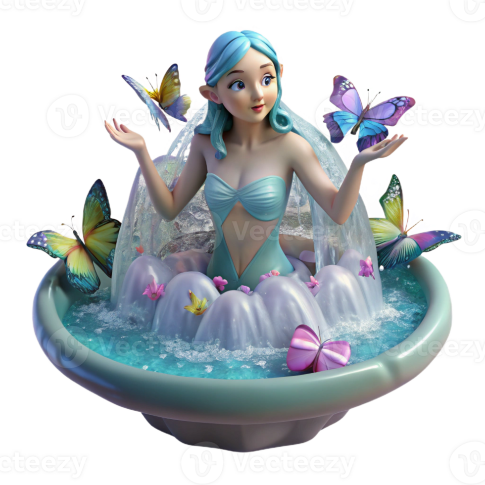 beautiful minimalist A playful nymph bathing in a crystal-clear waterfall, surrounded by colorful butterflies. Soft, diffused lighting. Impressionist style professional png