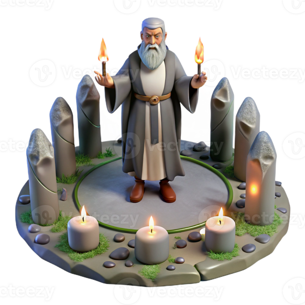 beautiful vintage A wise old druid performing a ritual in a stone circle, surrounded by ancient runes. Mystical, ethereal lighting. Celtic mythology style genuine png