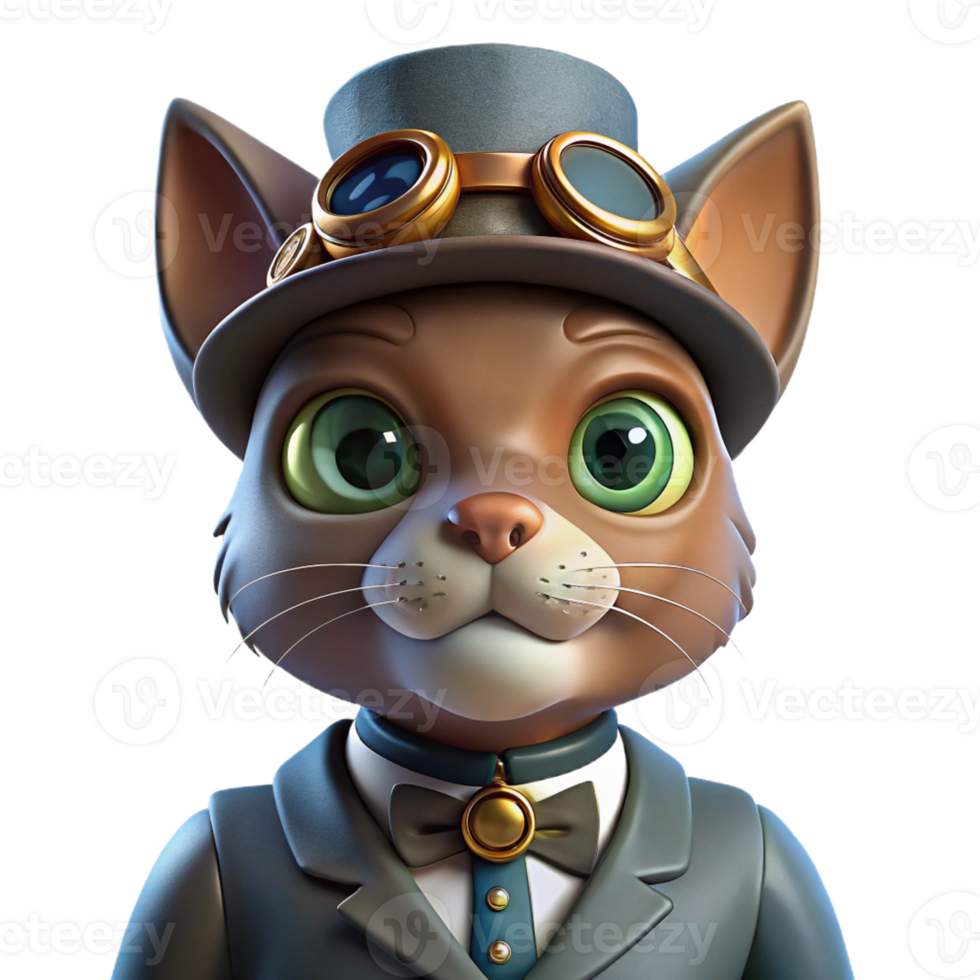 wonderful minimalist A portrait of a steampunk cat wearing a tiny top hat and monocle, with intricate clockwork details on its collar. The lighting is soft and whimsical original png