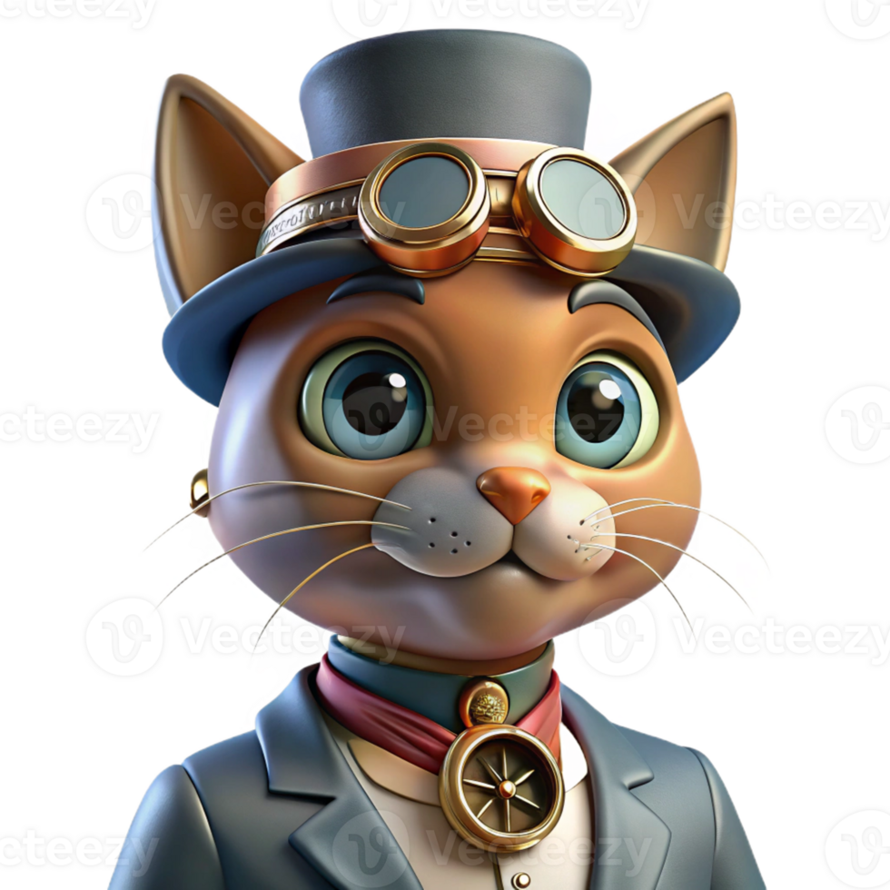 beautiful minimalist A portrait of a steampunk cat wearing a tiny top hat and monocle, with intricate clockwork details on its collar. The lighting is soft and whimsical detailed png