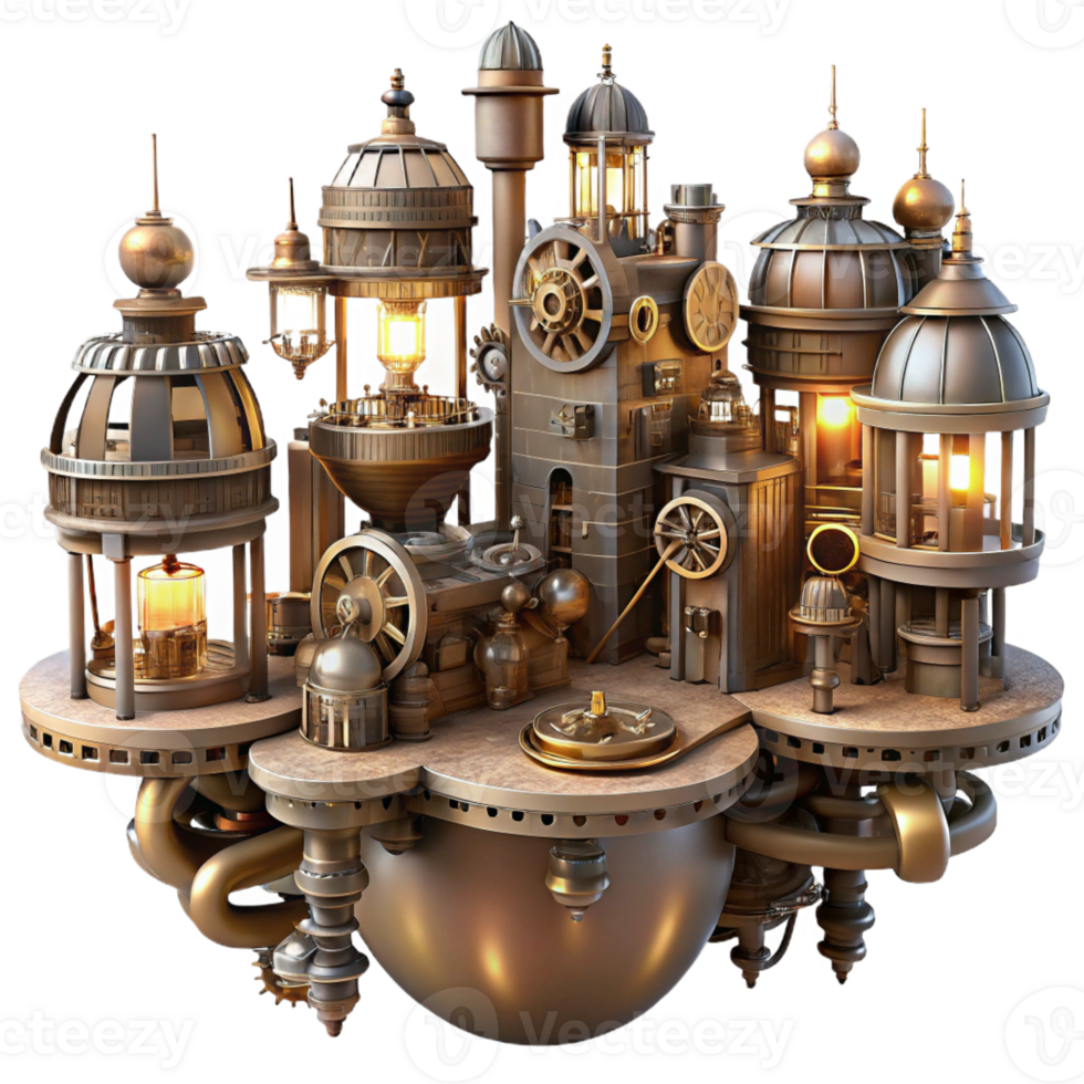 wonderful minimalist A complex steampunk cityscape built on interconnected gears and cogs, extending into the sky. The city is lit by a myriad of flickering gas lamps exclusive png