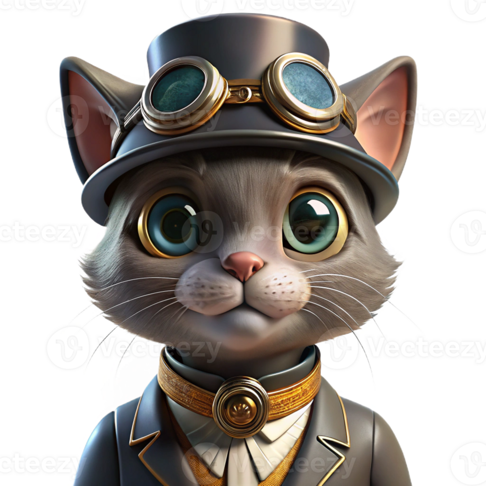 wonderful rustic A portrait of a steampunk cat wearing a tiny top hat and monocle, with intricate clockwork details on its collar. The lighting is soft and whimsical exclusive png
