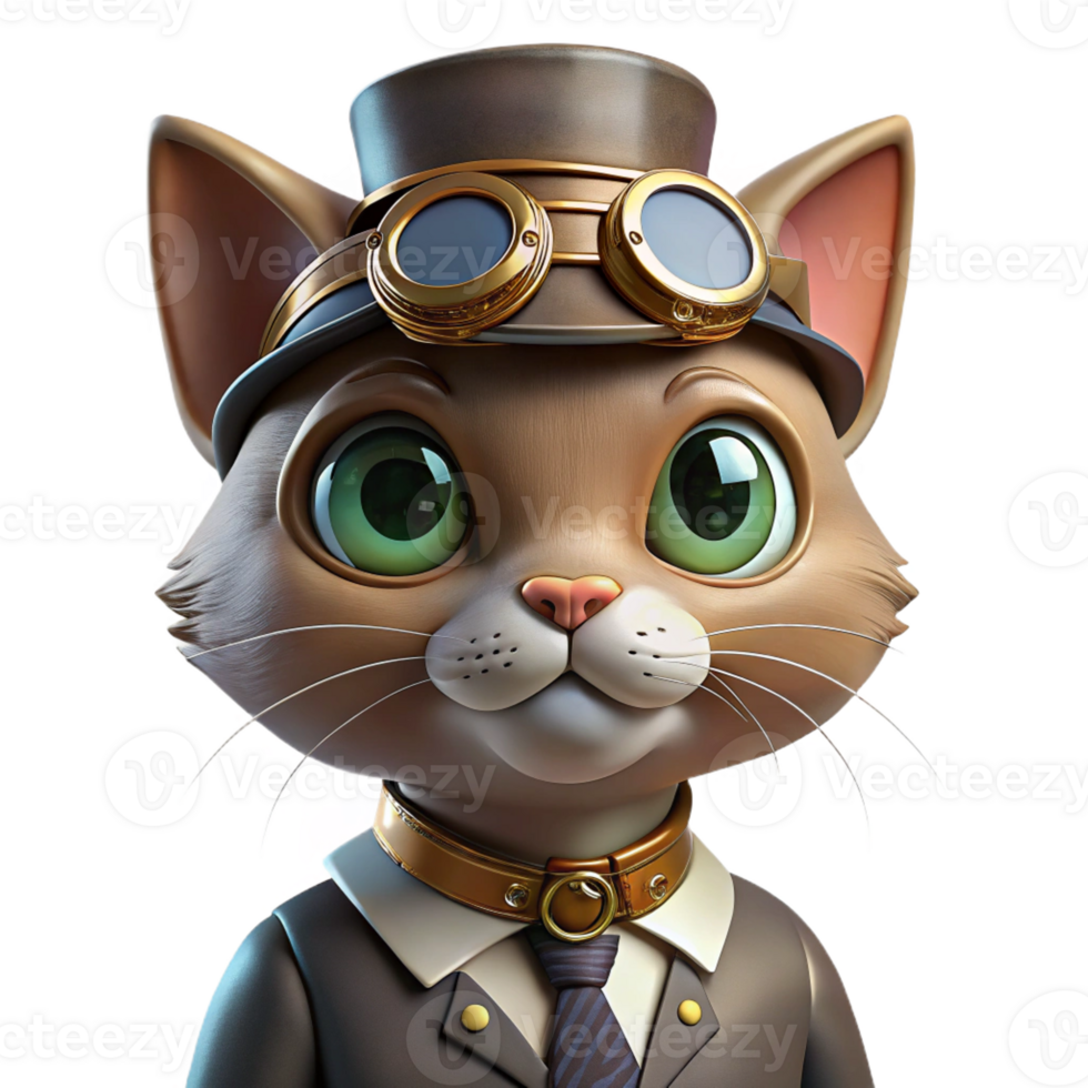 beautiful rustic A portrait of a steampunk cat wearing a tiny top hat and monocle, with intricate clockwork details on its collar. The lighting is soft and whimsical authentic png