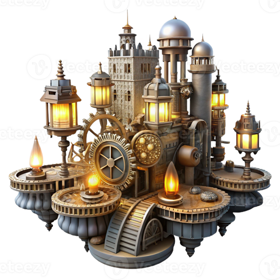 beautiful abstract A complex steampunk cityscape built on interconnected gears and cogs, extending into the sky. The city is lit by a myriad of flickering gas lamps original png