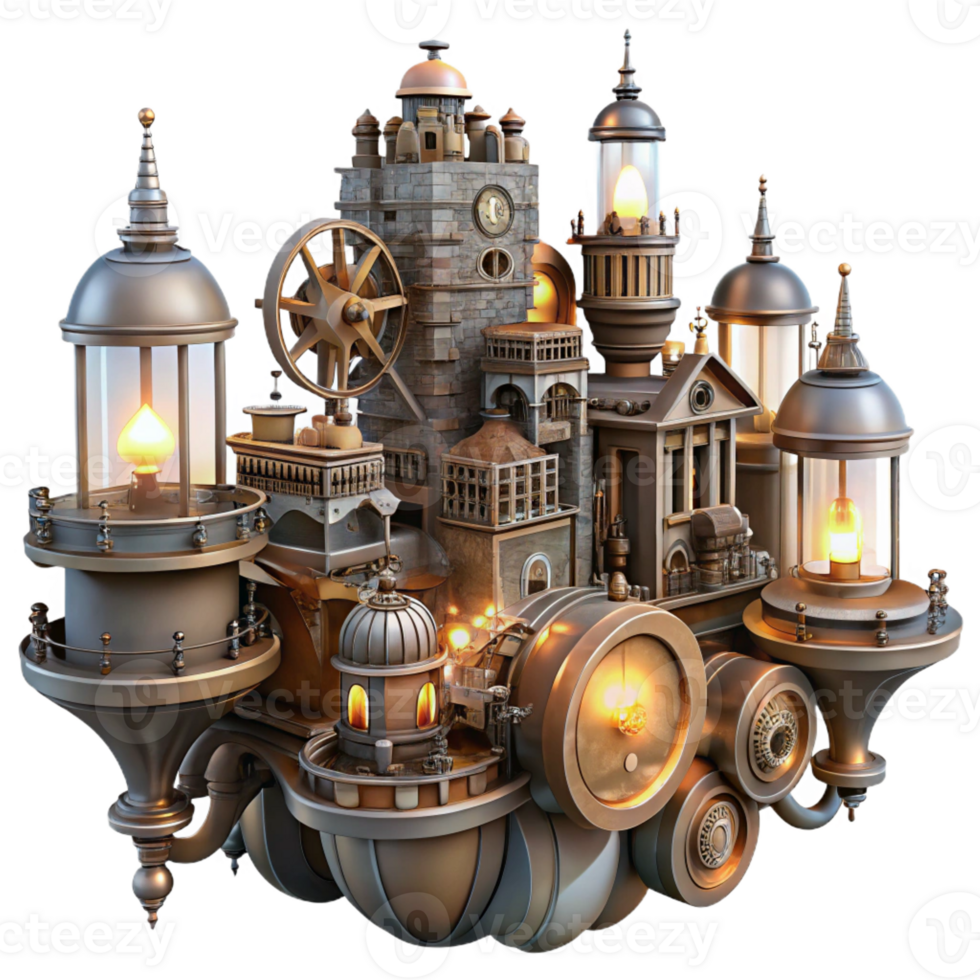 dramatic classic A complex steampunk cityscape built on interconnected gears and cogs, extending into the sky. The city is lit by a myriad of flickering gas lamps exclusive png