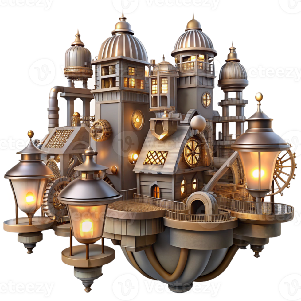 impressive traditional A complex steampunk cityscape built on interconnected gears and cogs, extending into the sky. The city is lit by a myriad of flickering gas lamps detailed png