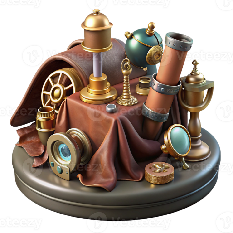 impressive vintage A still life of a collection of steampunk gadgets and tools, arranged on a velvet cloth. The lighting is soft and emphasizes the textures professional png
