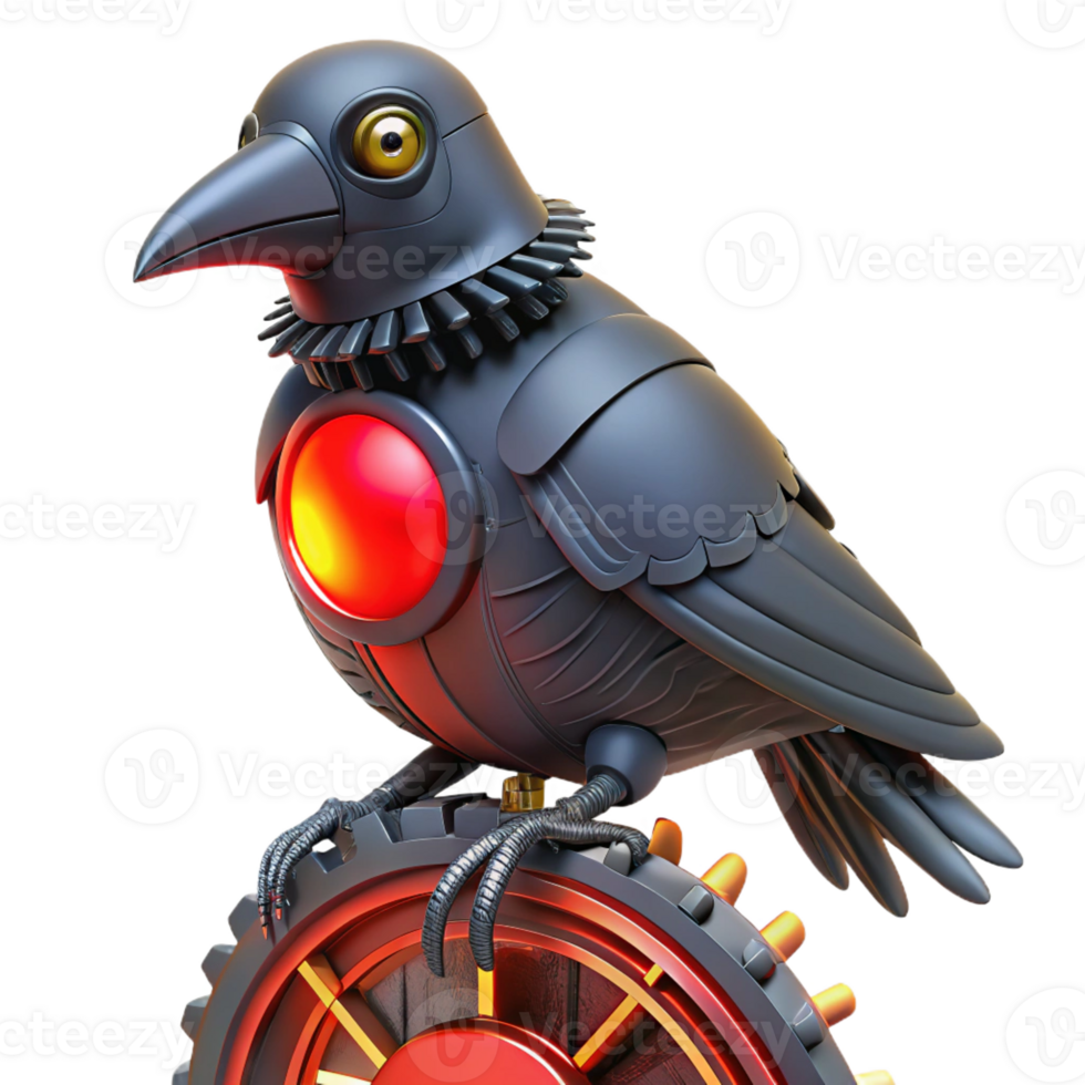 wonderful contemporary A steampunk automaton in the shape of a raven, perched on a gear. Its eyes glow with a sinister red light authentic png