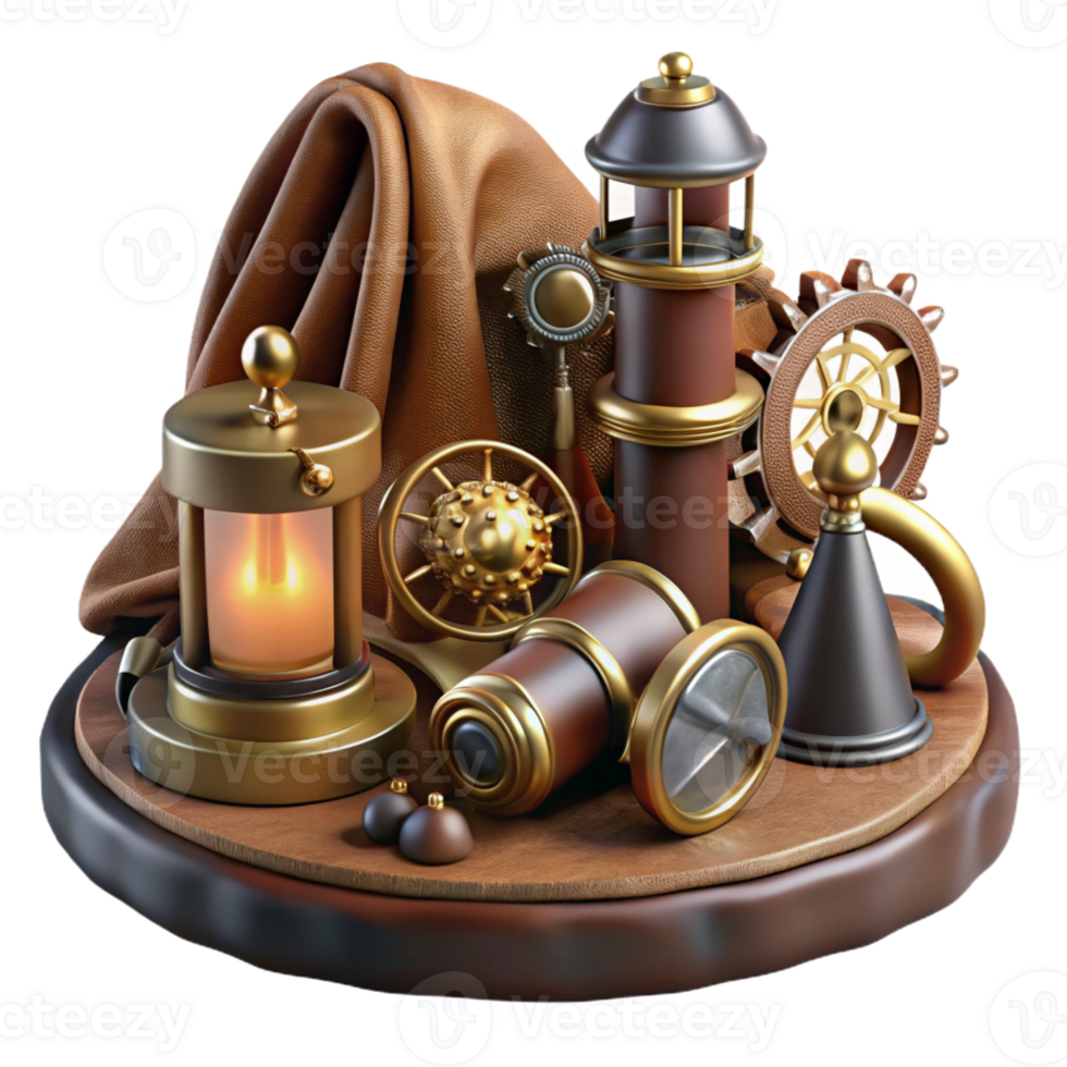 extraordinary artistic A still life of a collection of steampunk gadgets and tools, arranged on a velvet cloth. The lighting is soft and emphasizes the textures 4K png