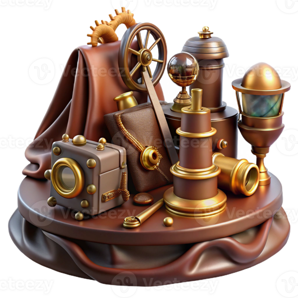 serene minimalist A still life of a collection of steampunk gadgets and tools, arranged on a velvet cloth. The lighting is soft and emphasizes the textures original png