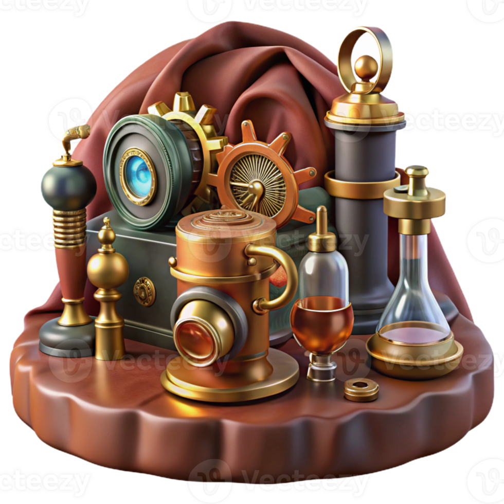wonderful contemporary A still life of a collection of steampunk gadgets and tools, arranged on a velvet cloth. The lighting is soft and emphasizes the textures premium png