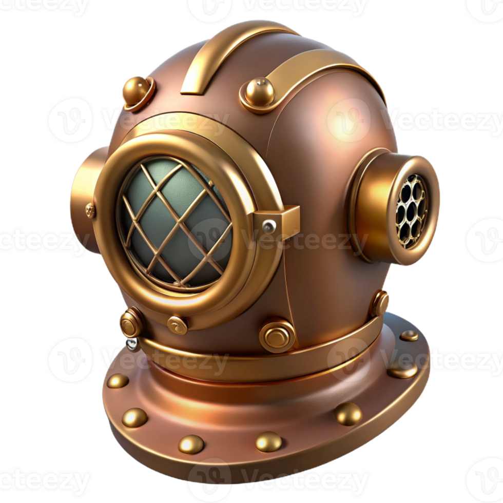 vibrant rustic A steampunk diver helmet with a large, circular glass window and brass breathing apparatus. The lighting is dim and mysterious authentic png