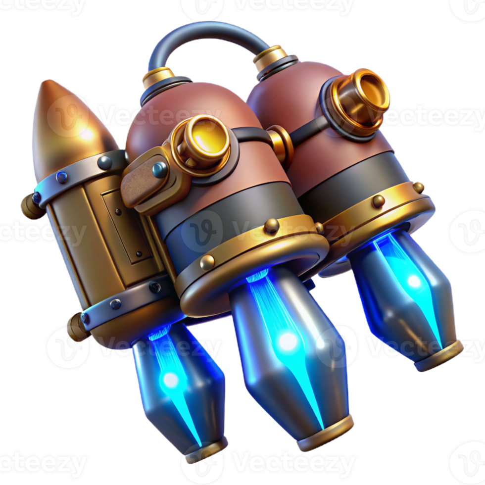 elegant minimalist A steampunk jetpack with brass nozzles and glowing blue energy cores. The lighting is dynamic and suggests movement authentic png