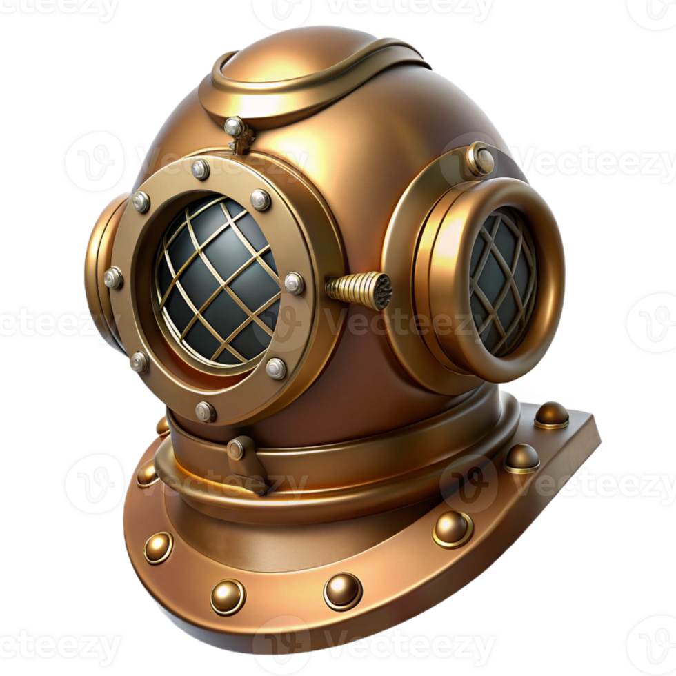 beautiful abstract A steampunk diver helmet with a large, circular glass window and brass breathing apparatus. The lighting is dim and mysterious high quality png