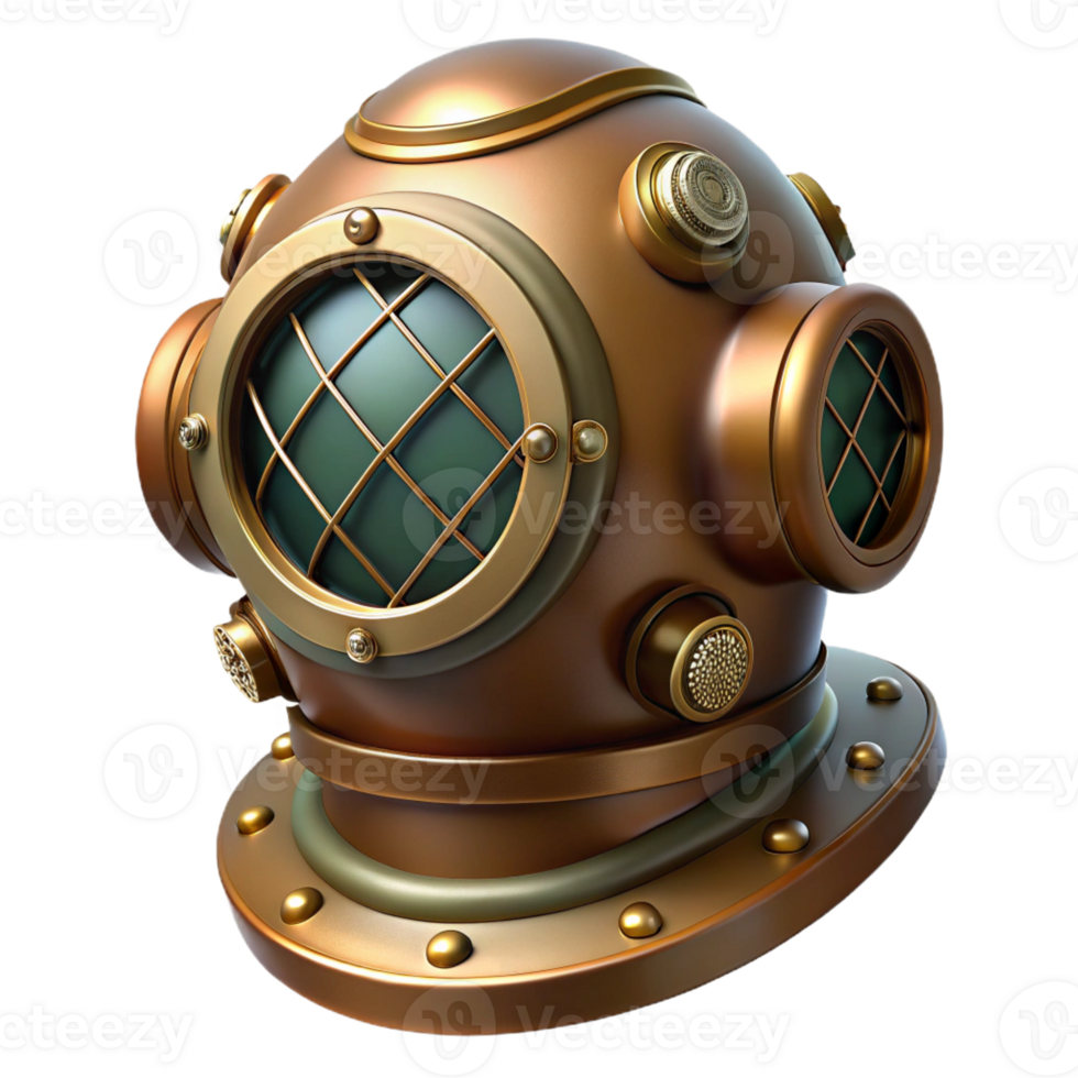 impressive rustic A steampunk diver helmet with a large, circular glass window and brass breathing apparatus. The lighting is dim and mysterious 4K png