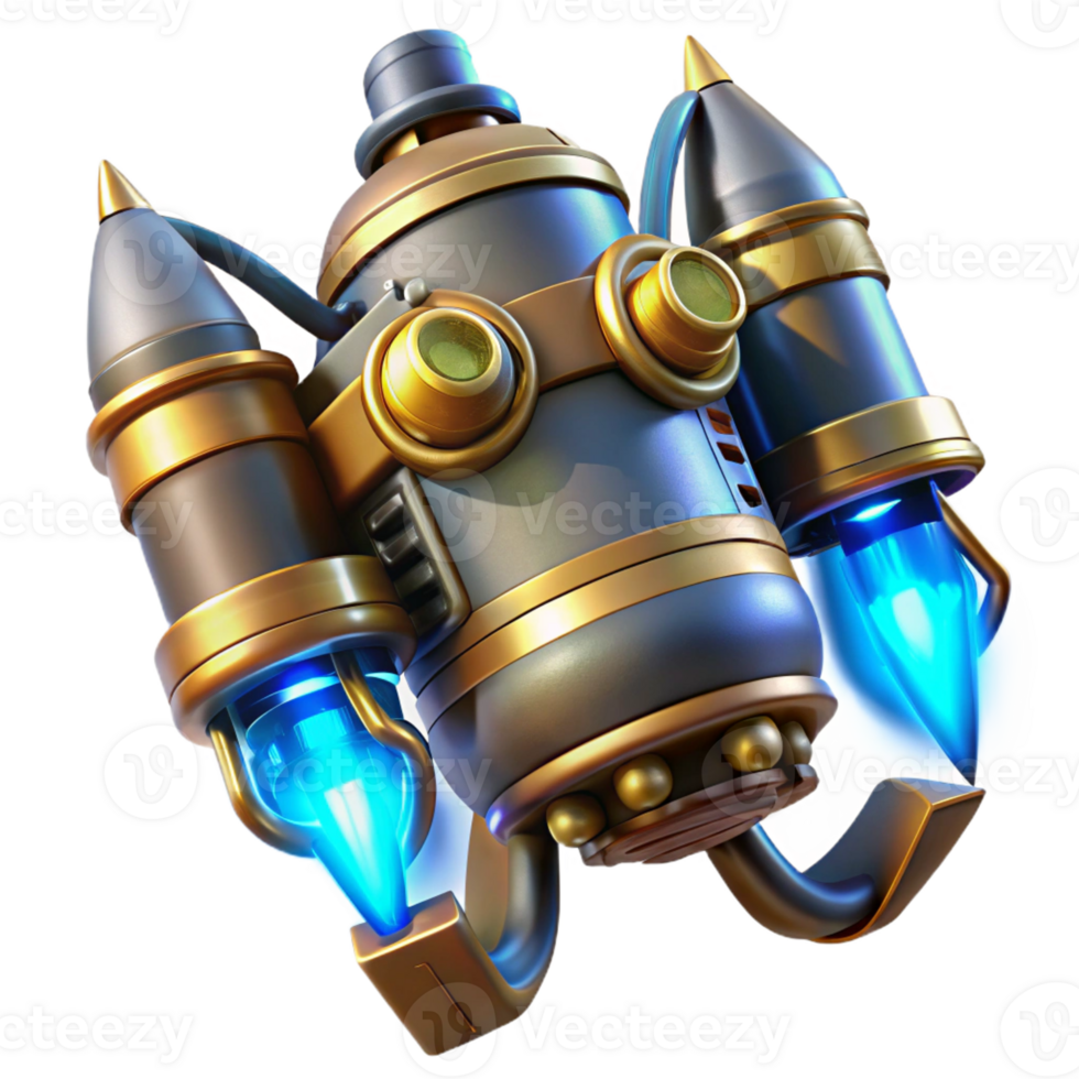beautiful contemporary A steampunk jetpack with brass nozzles and glowing blue energy cores. The lighting is dynamic and suggests movement exclusive png