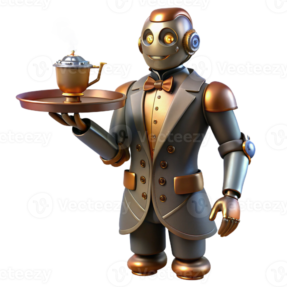 beautiful minimalist A steampunk robot butler holding a silver tray with a steaming cup of tea. The lighting is warm and inviting professional png