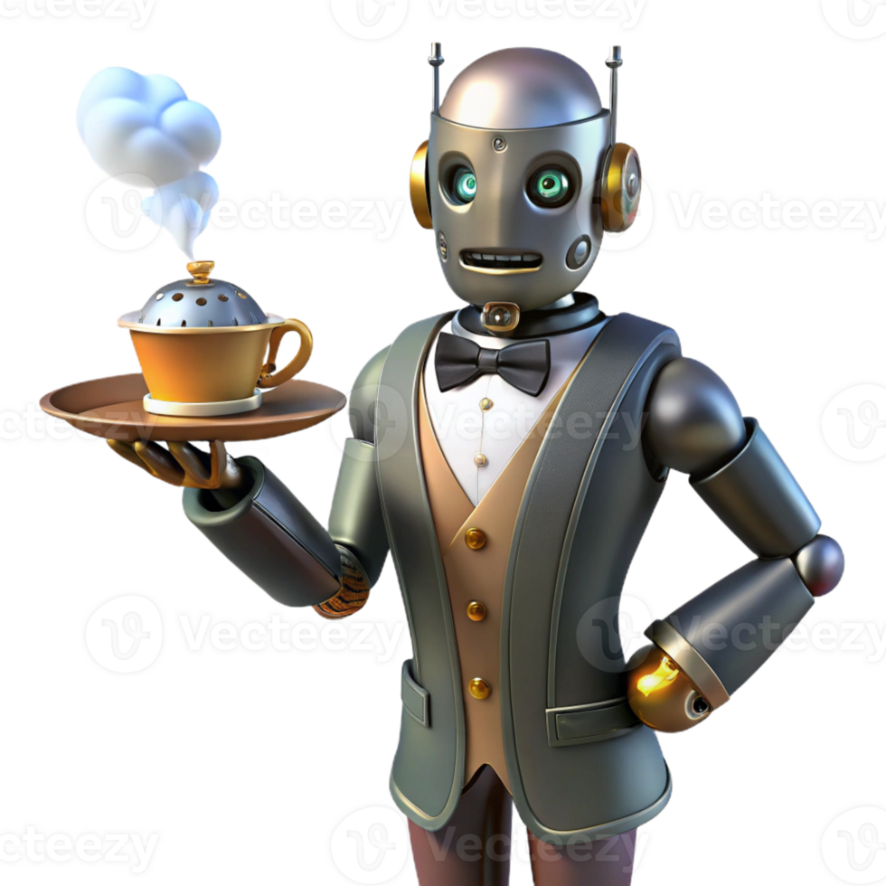 extraordinary classic A steampunk robot butler holding a silver tray with a steaming cup of tea. The lighting is warm and inviting 4K png