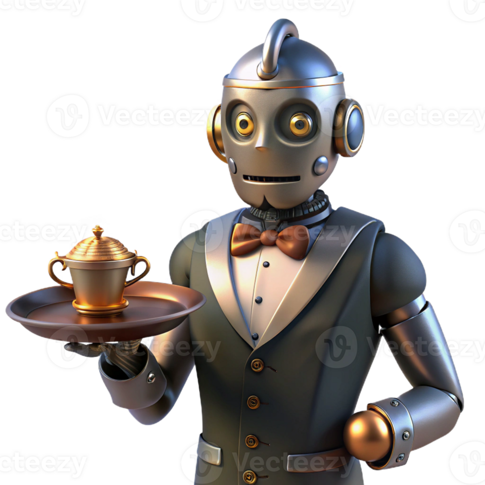 vibrant artistic A steampunk robot butler holding a silver tray with a steaming cup of tea. The lighting is warm and inviting high resolution png