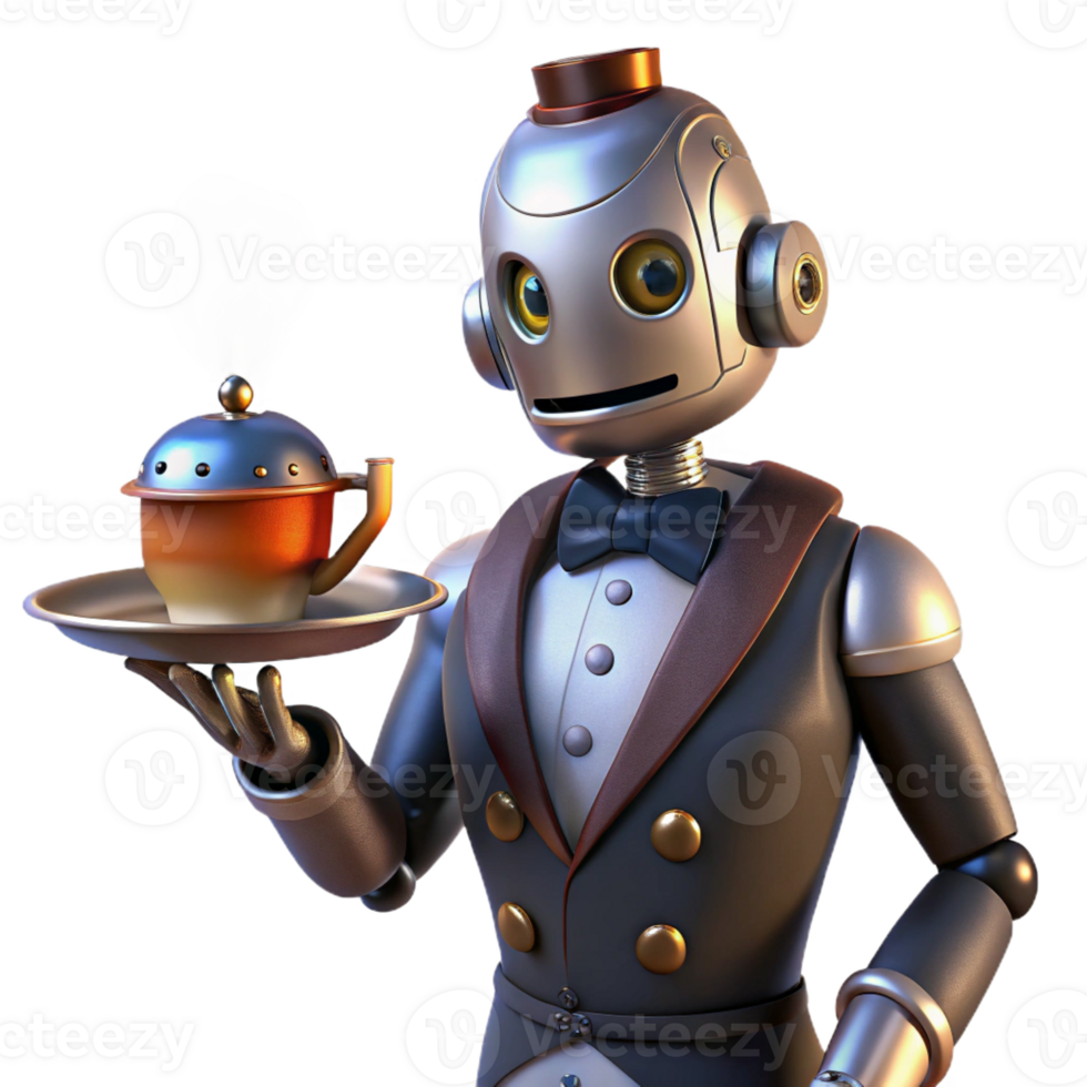 extraordinary creative A steampunk robot butler holding a silver tray with a steaming cup of tea. The lighting is warm and inviting exclusive png
