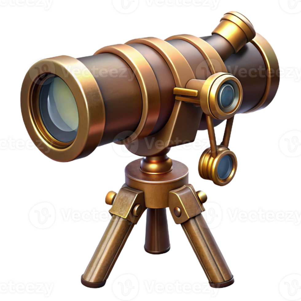 vibrant classic A steampunk telescope with brass lenses and a wooden tripod. The lighting is dim and mysterious premium png