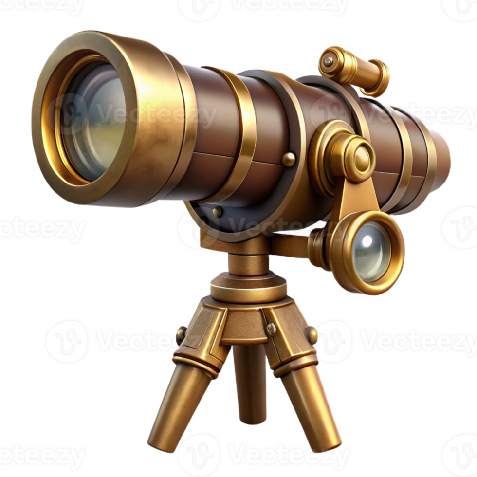 serene classic A steampunk telescope with brass lenses and a wooden tripod. The lighting is dim and mysterious high quality png