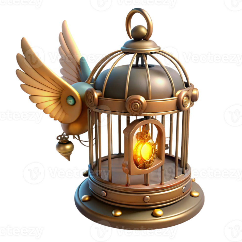 extraordinary minimalist A steampunk birdcage containing a mechanical bird with flapping wings. The lighting is warm and whimsical premium png