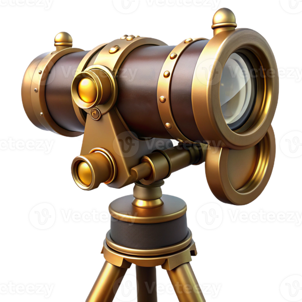 magnificent artistic A steampunk telescope with brass lenses and a wooden tripod. The lighting is dim and mysterious premium png