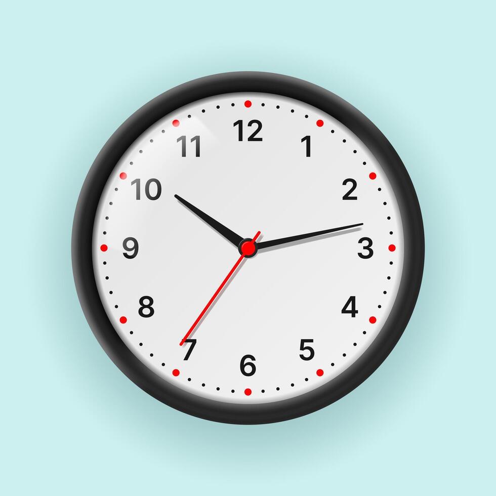 Wall clock with hands and white dial with numbers isolated on light background. 3d illustration. vector
