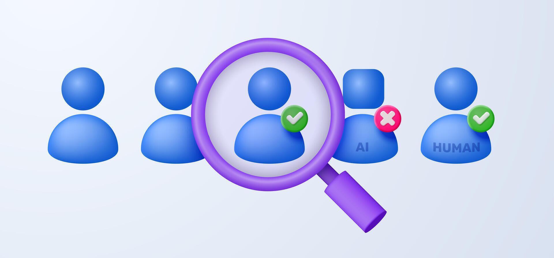 Symbols of a person under a magnifying glass. Concept of definition and search of differences of artificial intelligence from a person. 3d illustration. vector